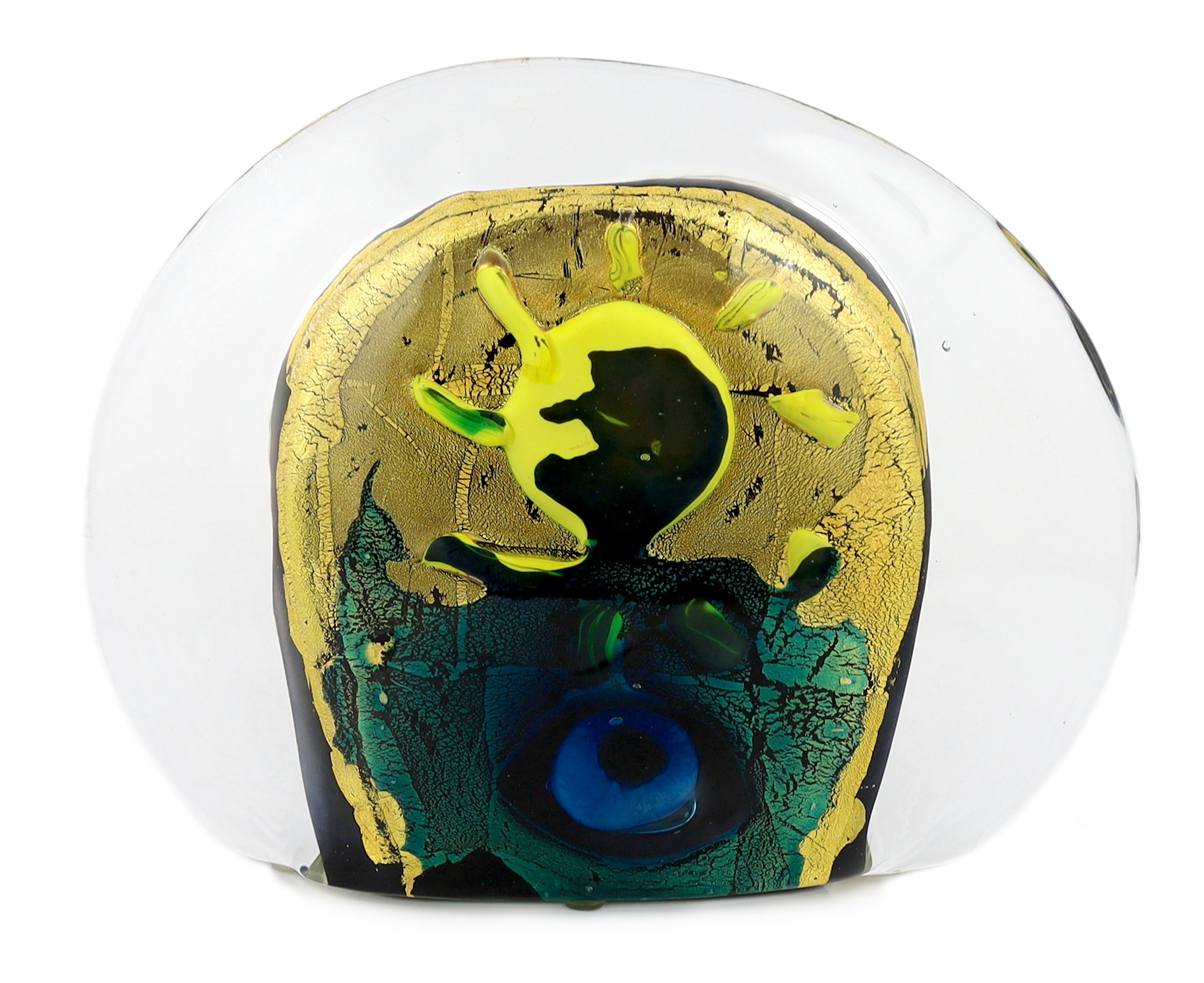 A Murano glass dome, with clear glass encasing an abstract figure